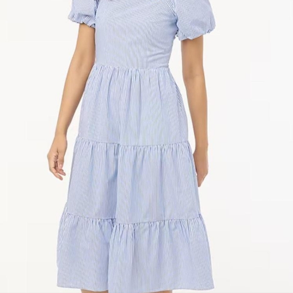Blue & White Dress-Large- NWT-J Crew Midi Dress Size Large Puff Sleeve - Smocked - Picture 11 of 14